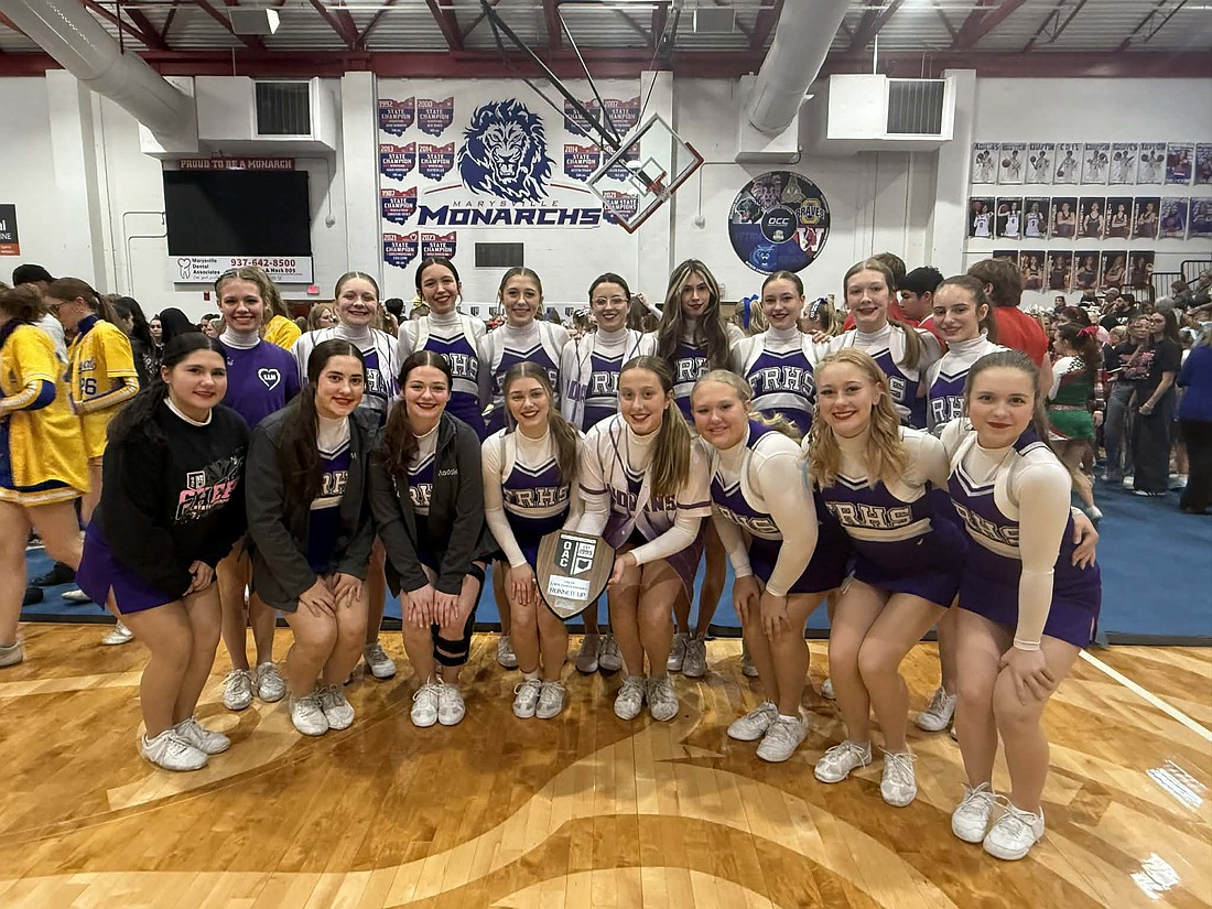 Fort Recovery’s high school and middle school cheerleading squads earned three runner-up finishes Sunday in the Ohio Athletic Committee’s Cheer State Championships. The high school squad finished second in the Division VI and VII traditional building and gameday competitions. The middle school squad also took second place. Pictured above, front row from left, are high school cheerleaders Ashlyn Cantu, Madie Schoenlein, Maddie Reinhard, Lydia Will, Alexis Braun, Tenley Albers, Kendall Buckland and Claire Grube. Back row are Ava Fullenkamp, Maddie Weigel, Eliza Smith, Chloe Brockman, Lahna Schlarman, Jesse Springer, River Overman, Lana Wuebker and Aubrey Shuttleworth. (photo provided)