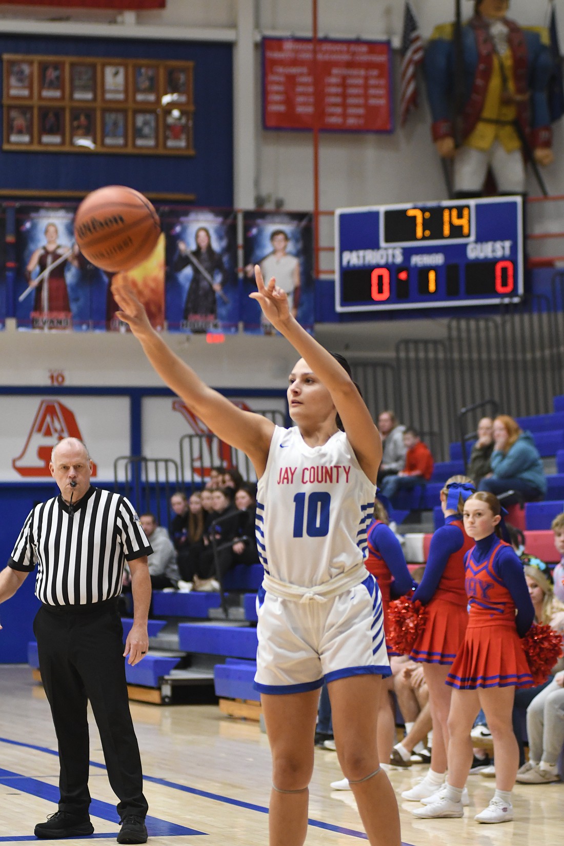 Raylah Newton of the Jay County High School girls basketball team fires a 3-pointer during the Patriots' 50-20 victory over the Woodlan Warriors in the opening round of the Allen County Athletic Conference tournament. Newton's career-best four 3-pointers helped power the Patriots to redemption after they had endured a 56-54 loss to Woodlan on Jan. 2. (The Commercial Review/Ethan Oskroba)
