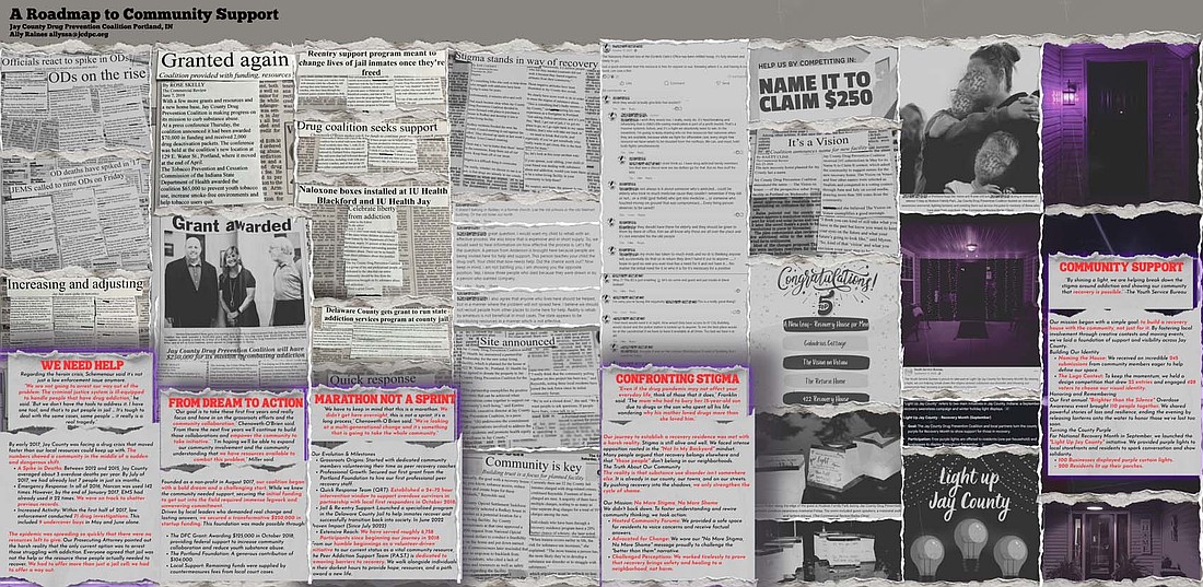 The Jay County Drug Prevention Coalition poster pictured above will be part of the organization’s presentation next week at the Community Anti-Drug Coalitions of America (CADCA) National Leadership Forum. It walks through a timeline of Jay County’s progress in the addiction prevention and recovery fields. (Jay County Drug Prevention Coalition)