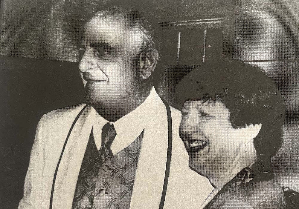 Citizen of the Year Bob Quadrozzi smiles for photos with Portland Area Chamber of Commerce executive director Vicki Tague during the chamber annual meeting and awards ceremony on Jan. 27, 2001. (The Commercial Review/Jennifer Dattalir)